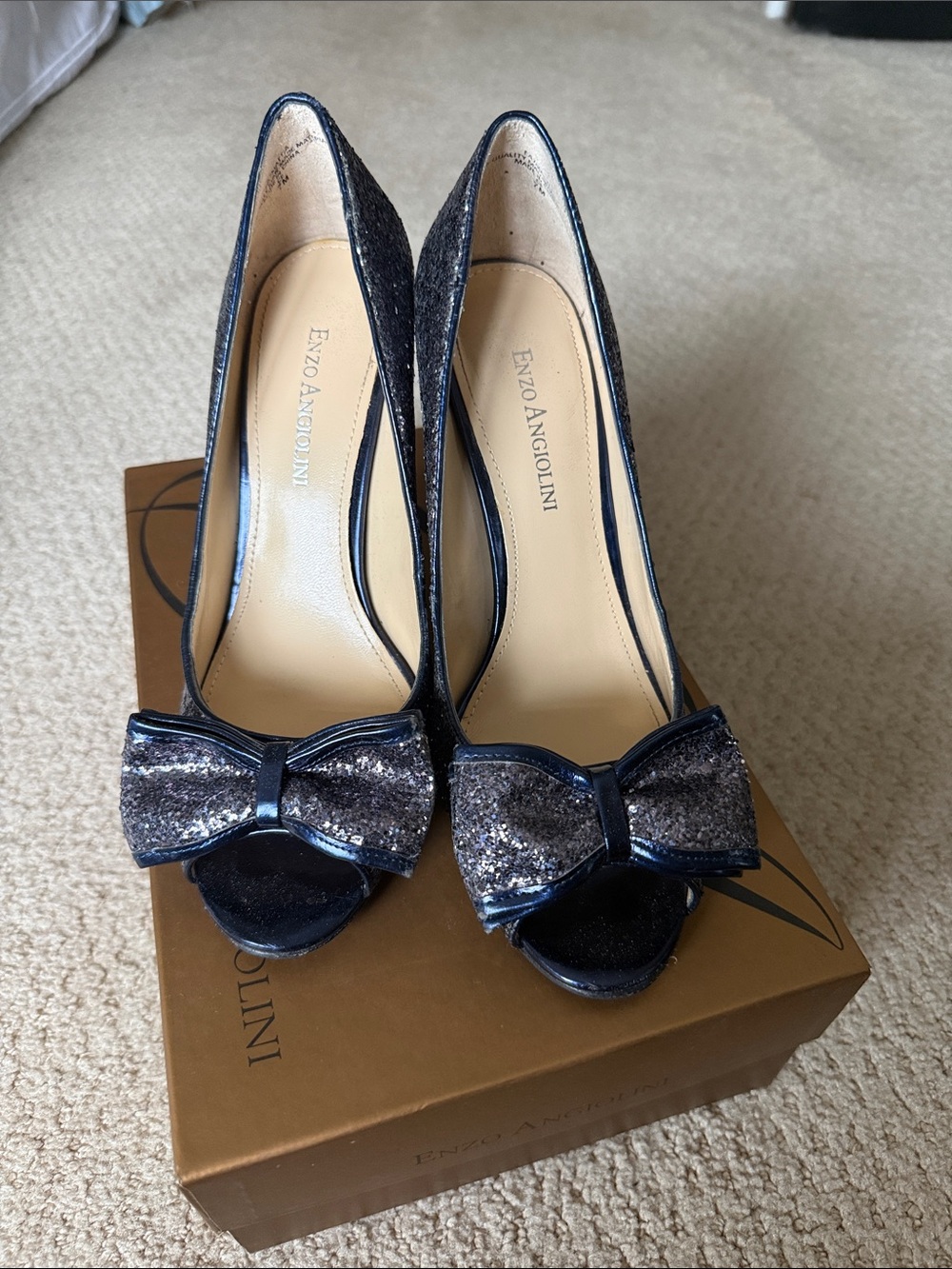 Enzo Angiolini Navy Glitter Bow Peep-Toe Heels